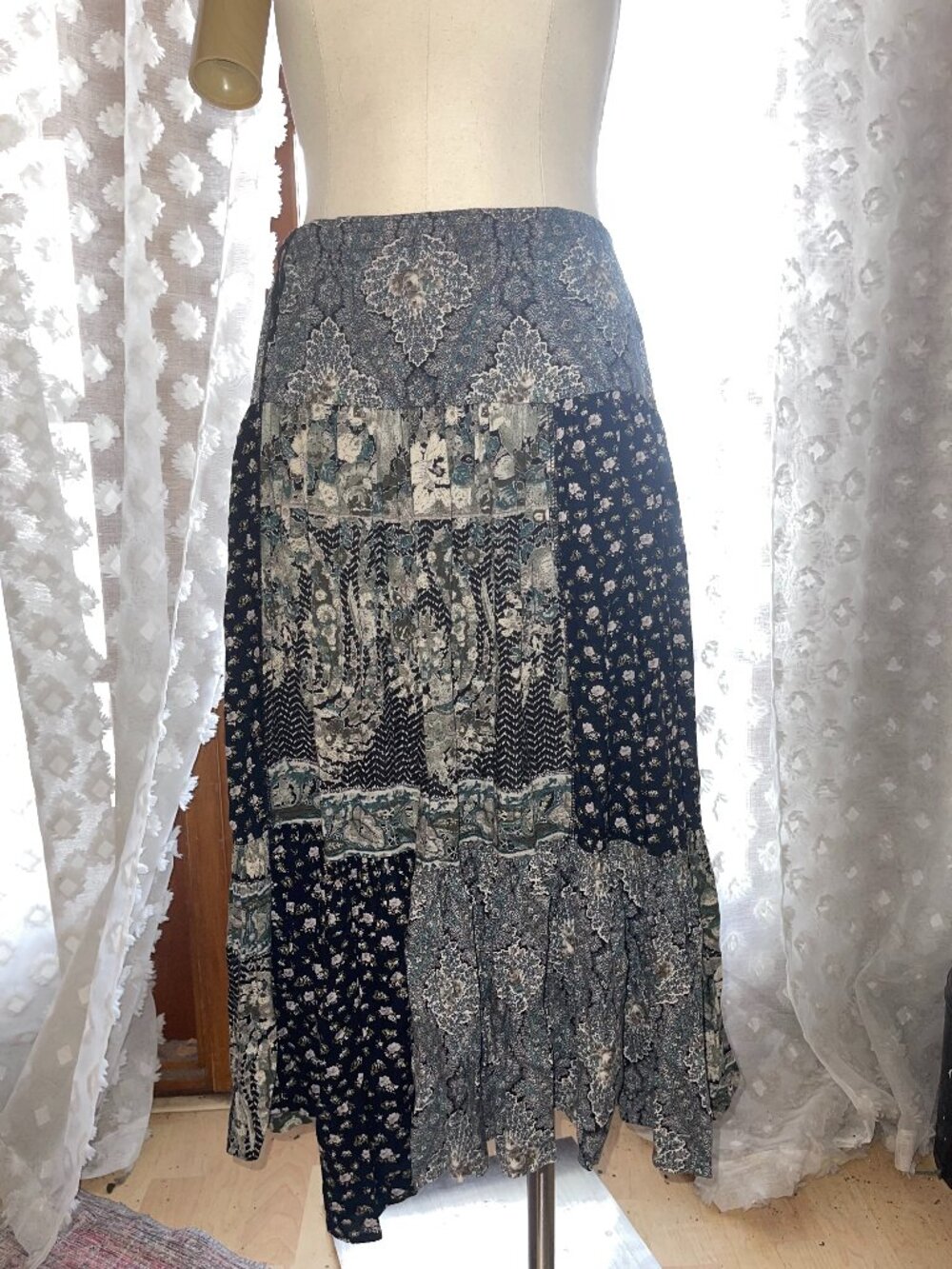 Vtg Carole Little patchwork USA boho skirt petite size 10 boho fairy cottage art